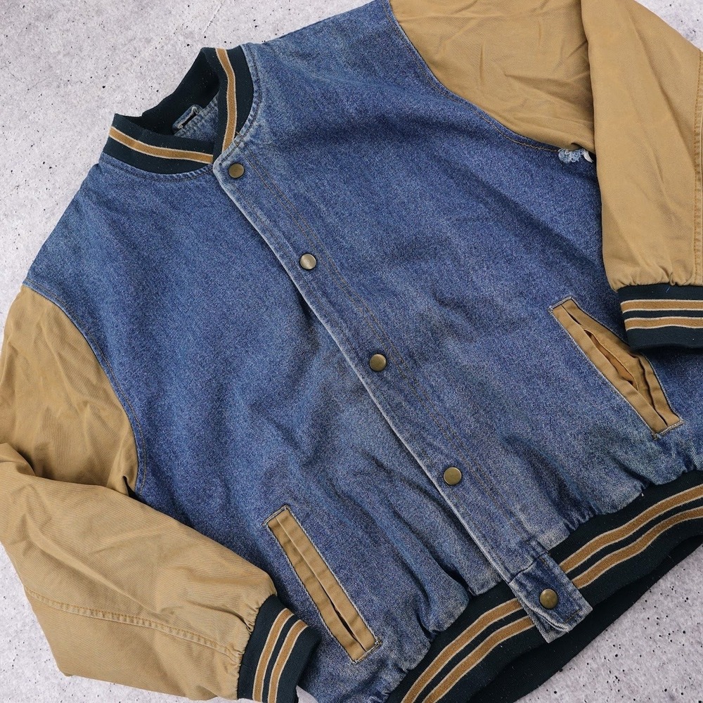 Fourcast Denim Varsity Jacket Mens Large Blue Tan Two Tone Bomber Coat Lined